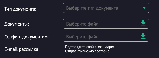 Страница верификации на официальном сайте Пин Ап Казино. Игрокам предлагается загрузить документы для подтверждения личности. Поля включают выбор типа документа, загрузку самого документа и селфи с документом для идентификации.